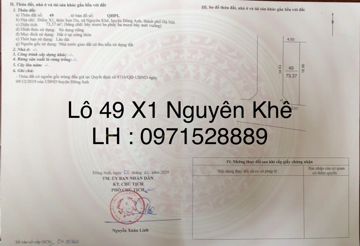 giấy chứng nhân QSD đất điểm X1 Sơn Du xã Nguyên Khê huyện Đông Anh